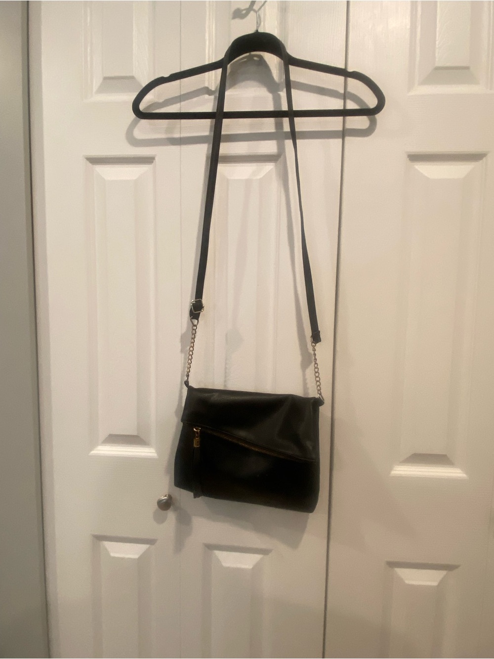 Classic Black Fold-Over Crossbody Bag with Chain Detail
